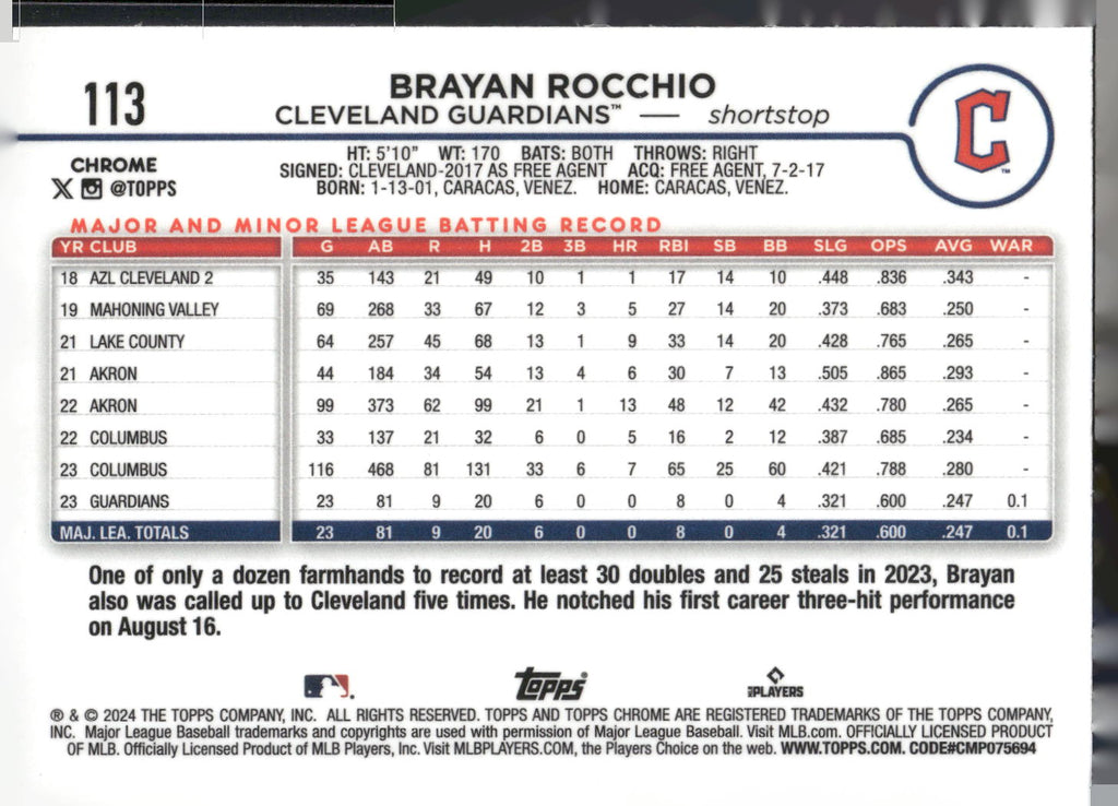 2024 Topps Chrome #113 Brayan Rocchio
