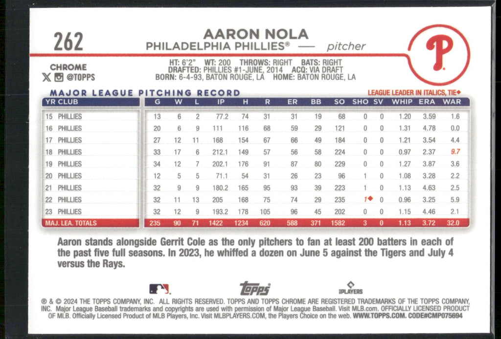 2024 Topps Chrome #262 Aaron Nola