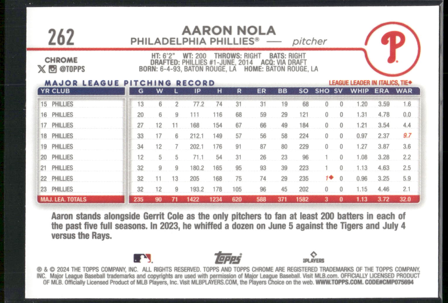 2024 Topps Chrome #262 Aaron Nola