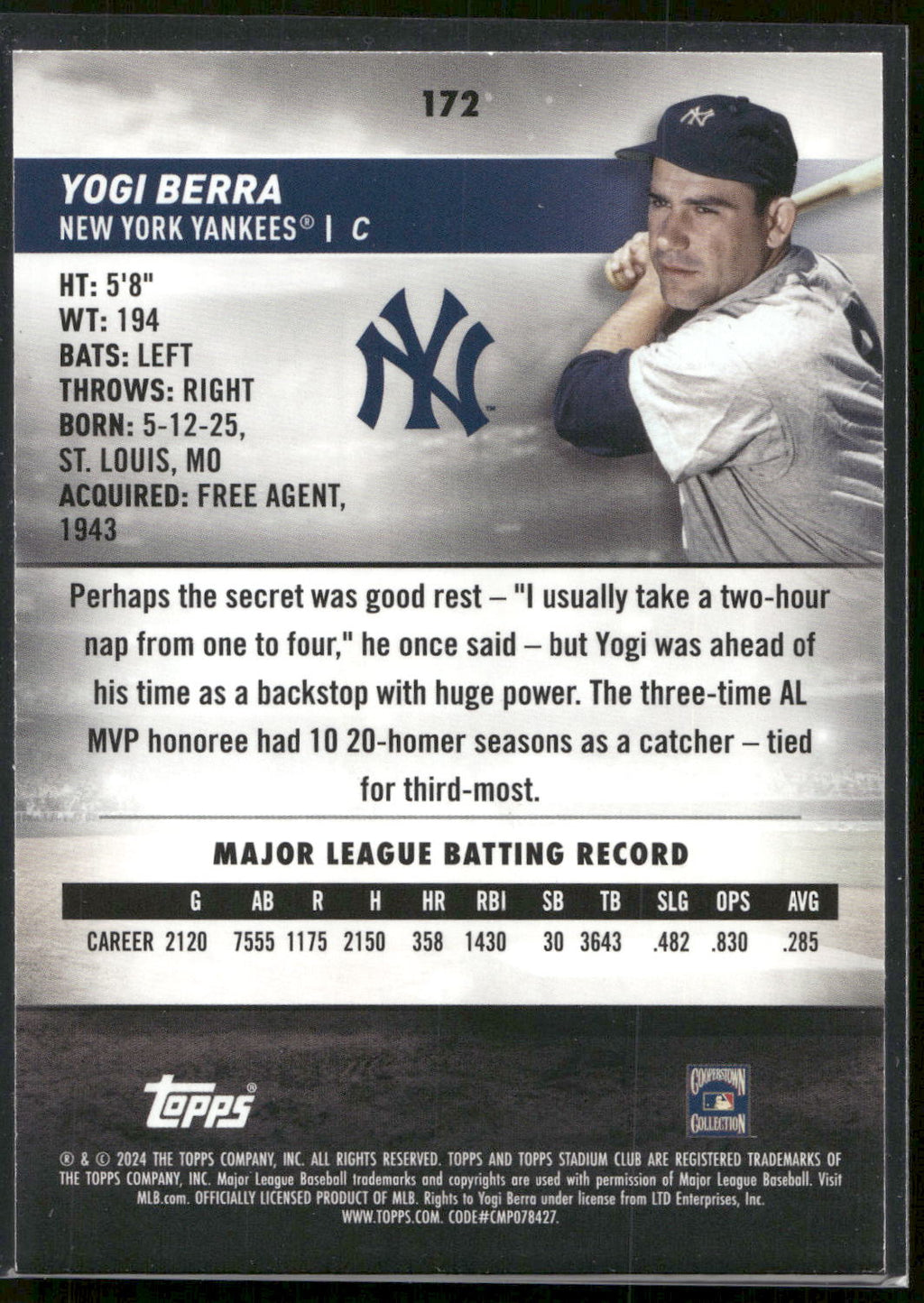 2024 Stadium Club #172 Yogi Berra Pink Foil