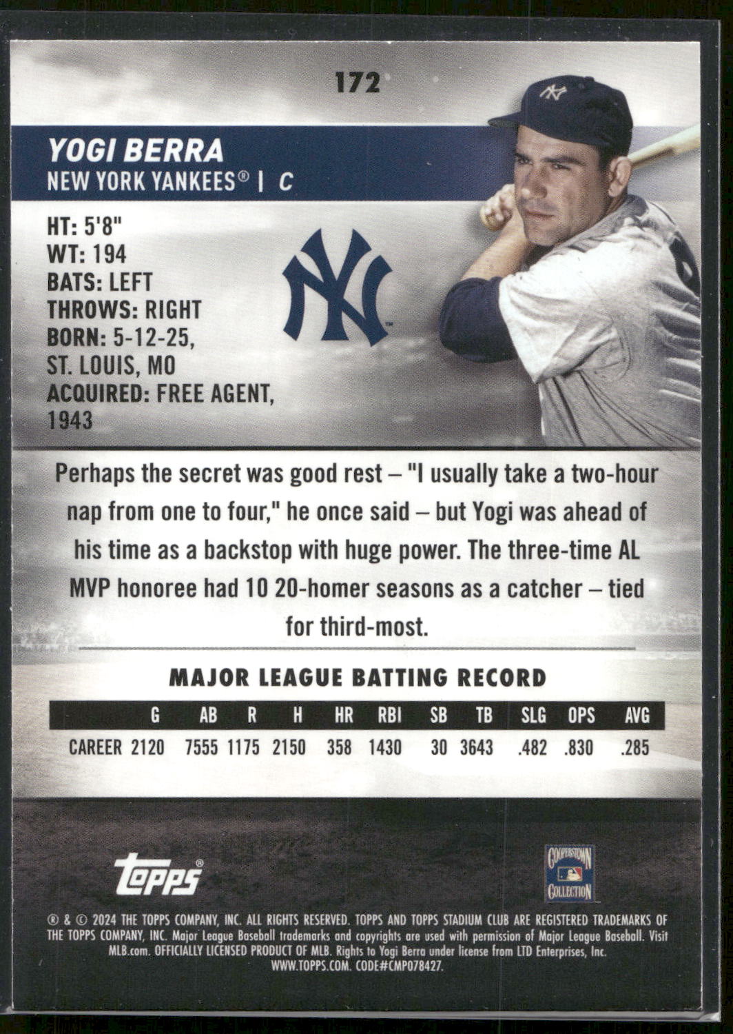 2024 Stadium Club #172 Yogi Berra Pink Foil