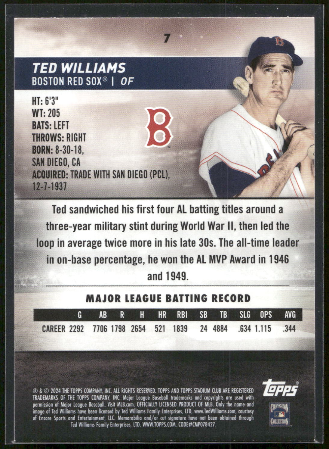 2024 Stadium Club #7 Ted Williams Red Foil