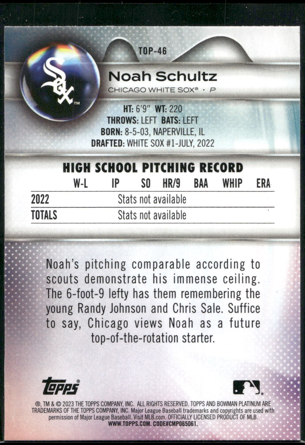 2023 Bowman Platinum #TOP-46 Noah Schultz Top Prospects
