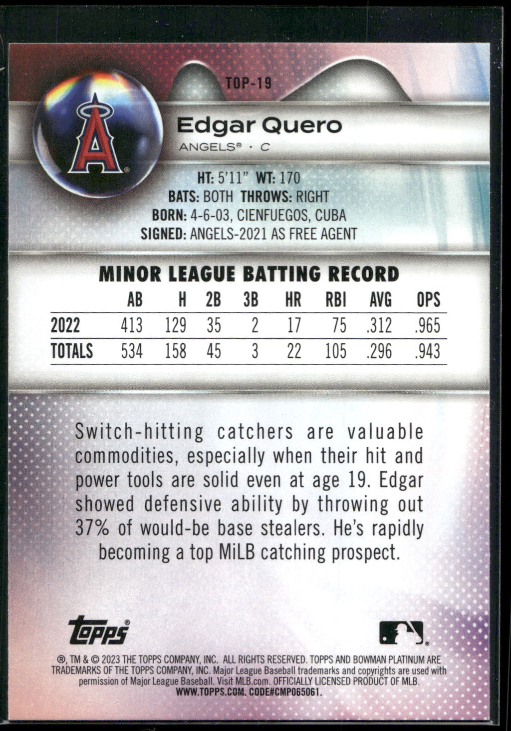 2023 Bowman Platinum #TOP-19 Edgar Quero Top Prospects