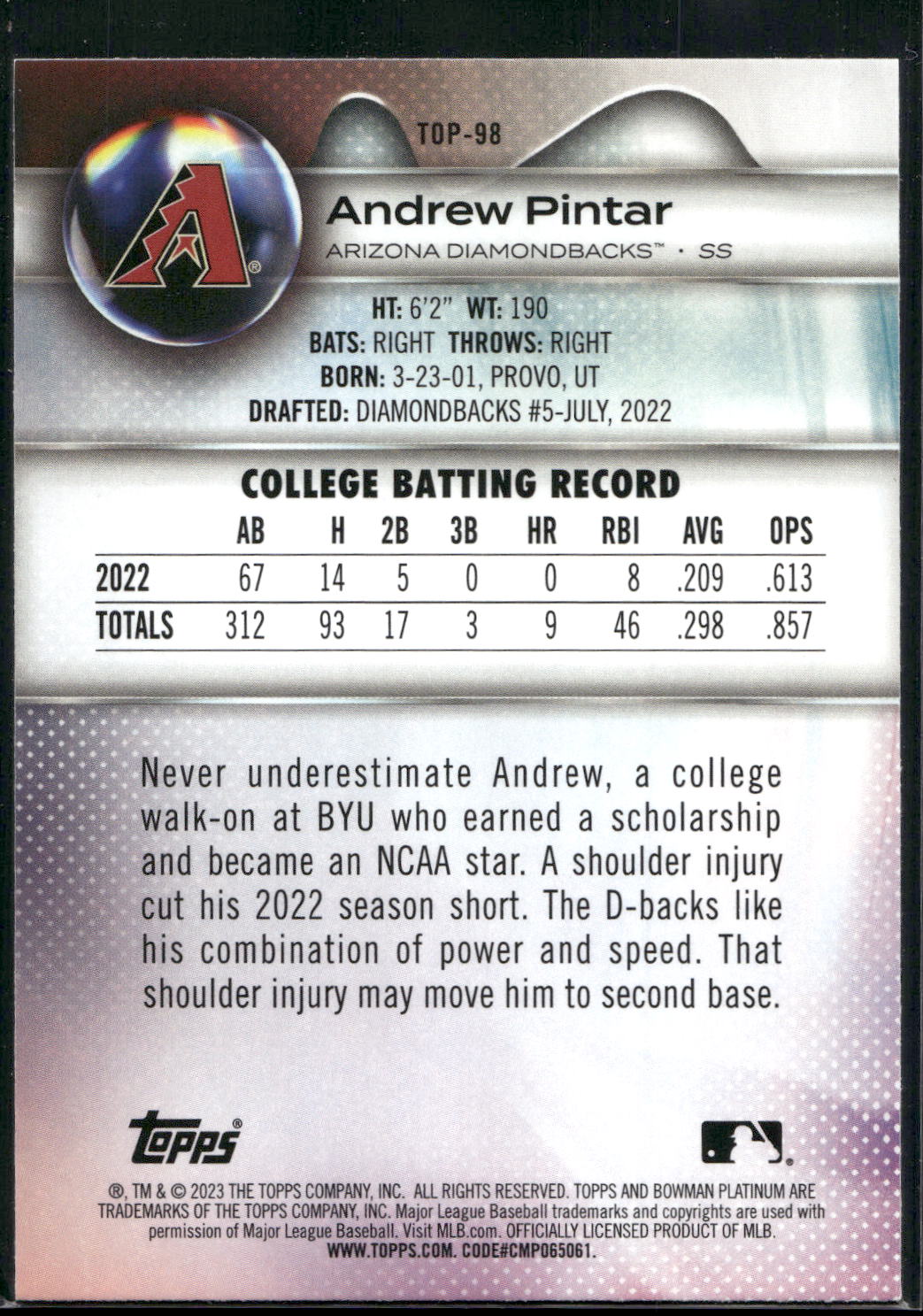 2023 Bowman Platinum #TOP-98 Andrew Pintar Top Prospects