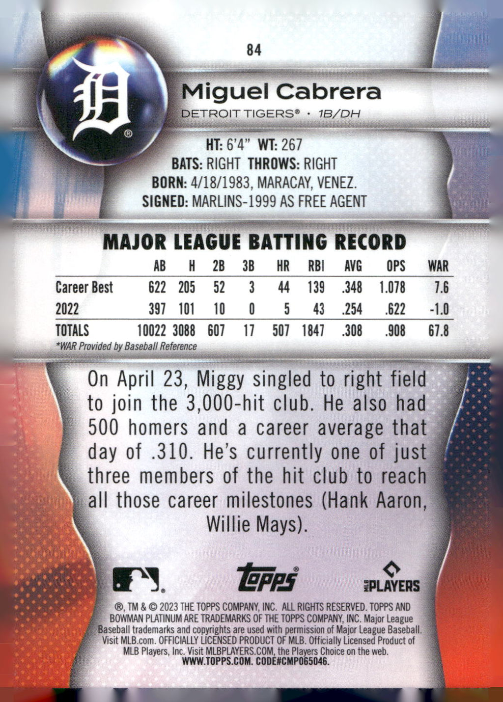 2023 Bowman Platinum #84 Miguel Cabrera