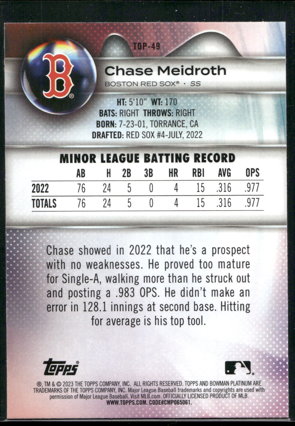 2023 Bowman Platinum #TOP-49 Chase Meidroth Top Prospects