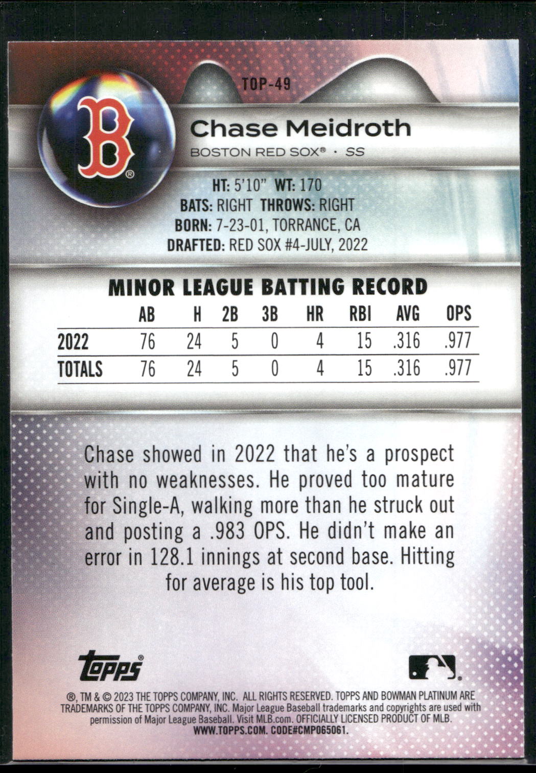 2023 Bowman Platinum #TOP-49 Chase Meidroth Top Prospects