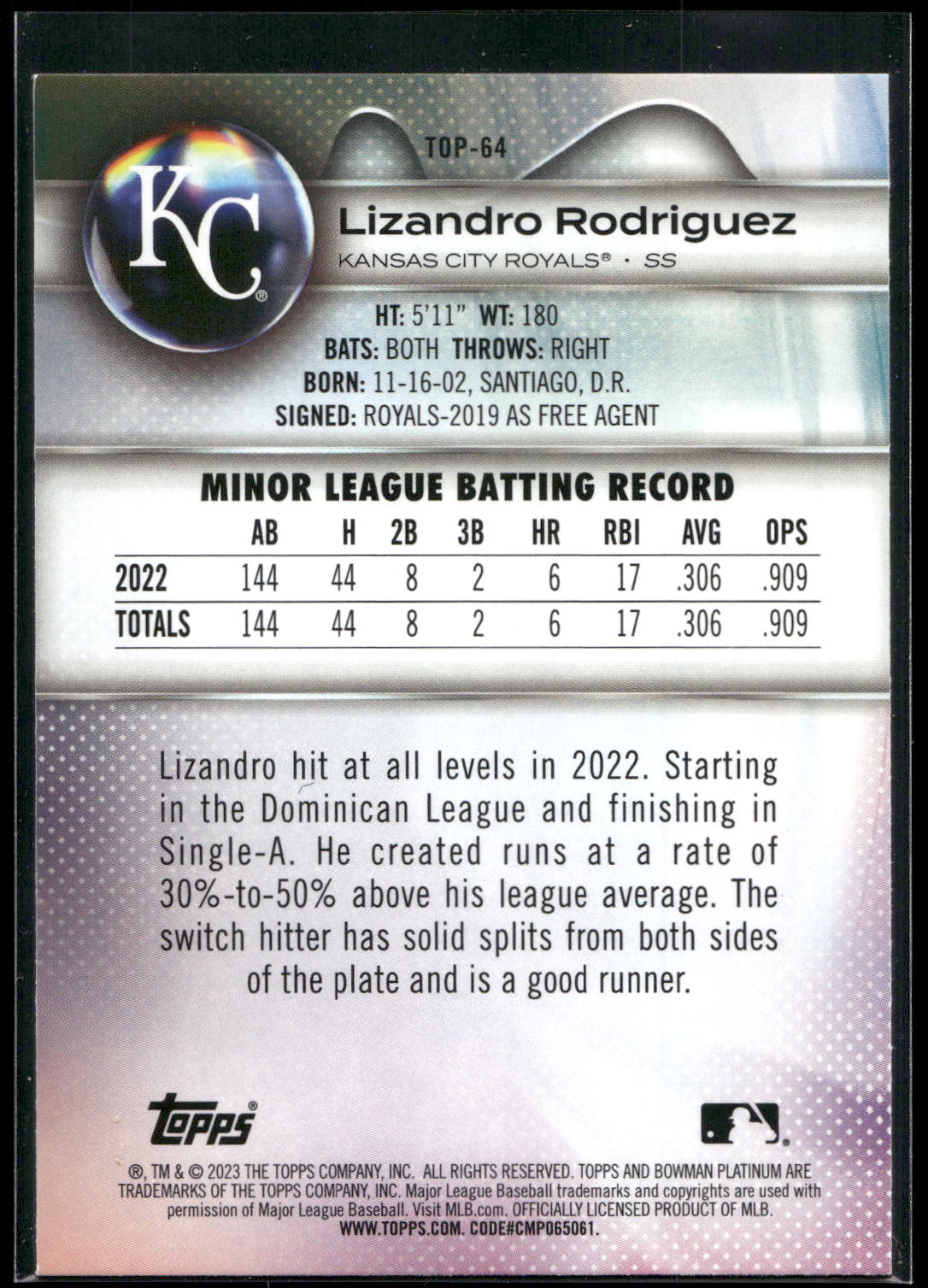 2023 Bowman Platinum #TOP-64 Lizandro Rodriguez Top Prospects