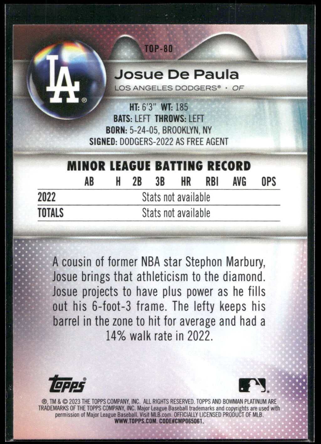 2023 Bowman Platinum #TOP-80 Josue De Paula Top Prospects