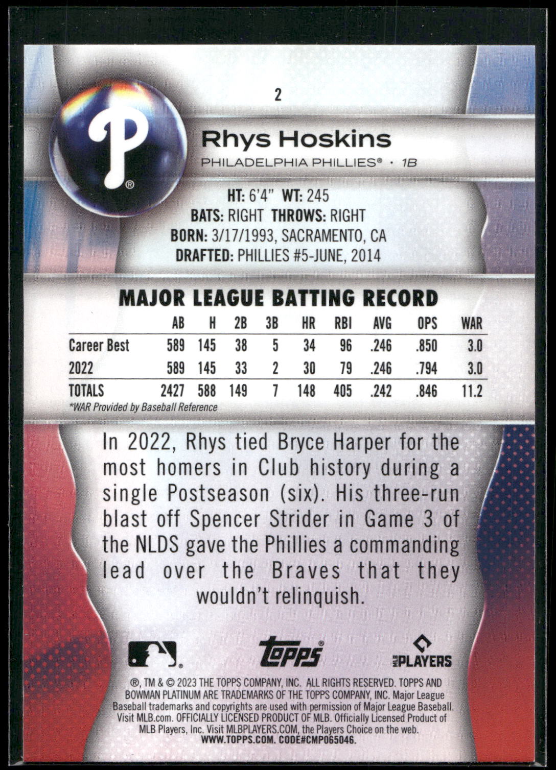 2023 Bowman Platinum #2 Rhys Hoskins