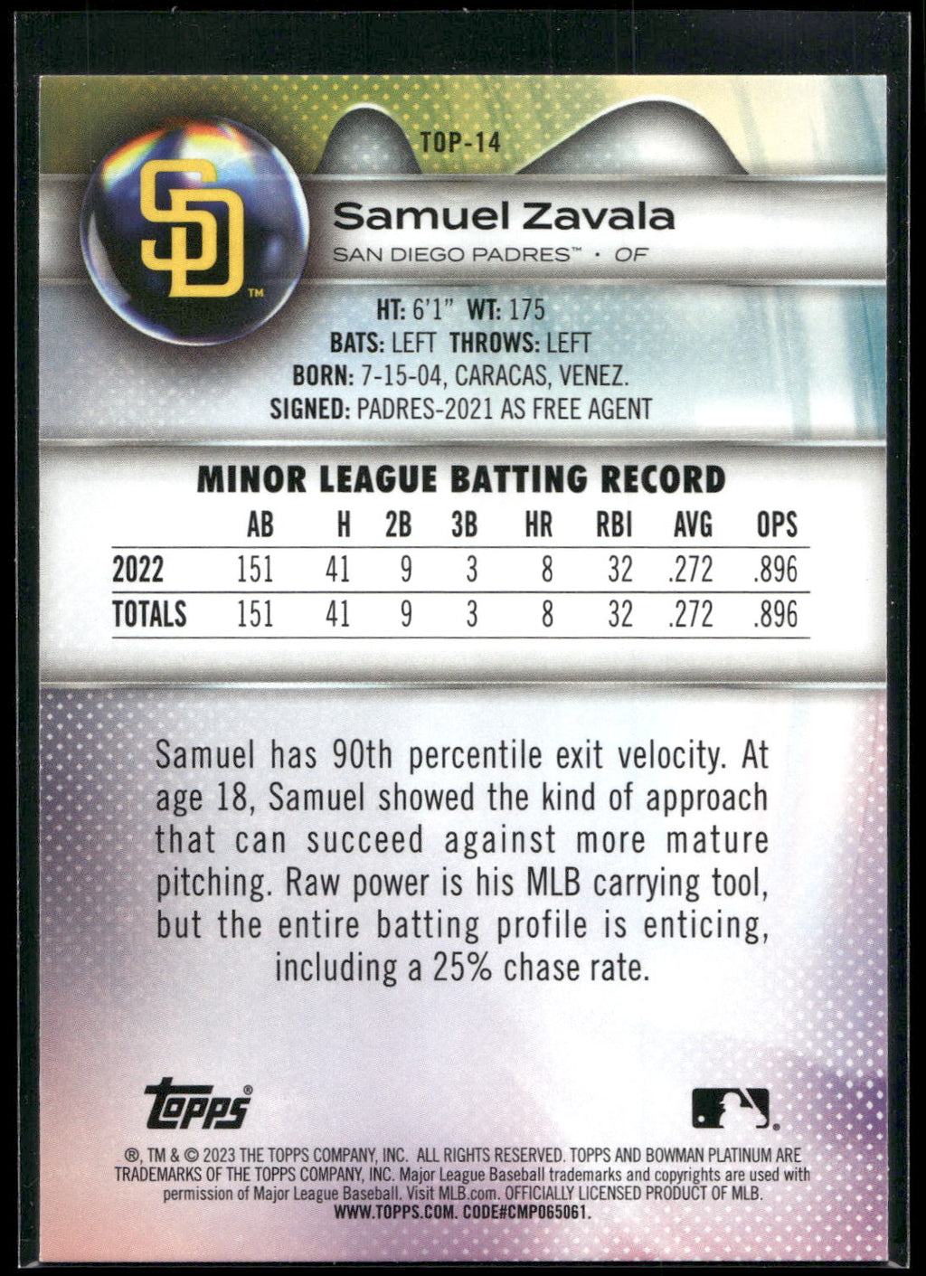 2023 Bowman Platinum #TOP-14 Samuel Zavala Top Prospects