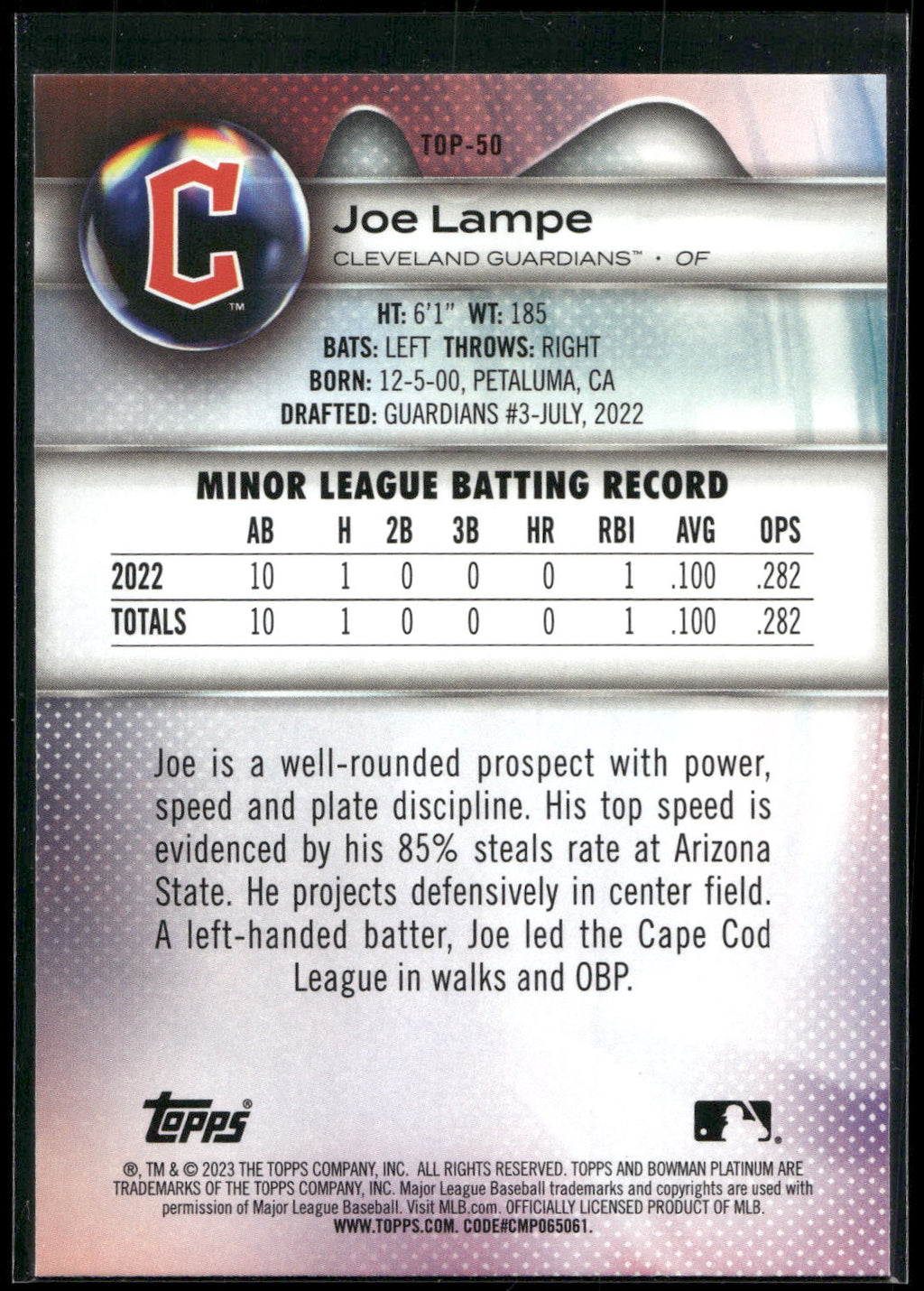 2023 Bowman Platinum #TOP-50 Joe Lampe Top Prospects