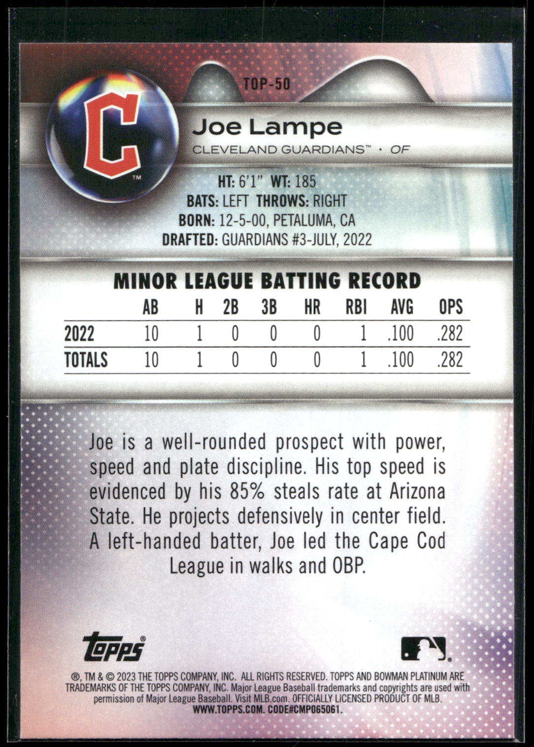 2023 Bowman Platinum #TOP-50 Joe Lampe Top Prospects