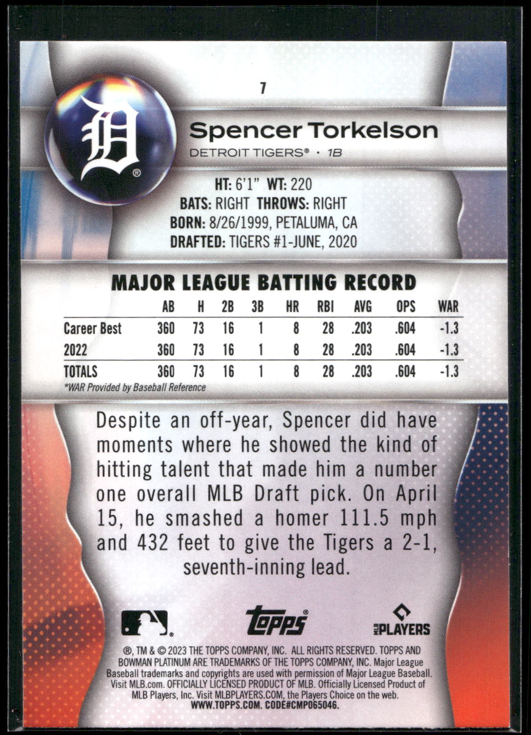 2023 Bowman Platinum #7 Spencer Torkelson