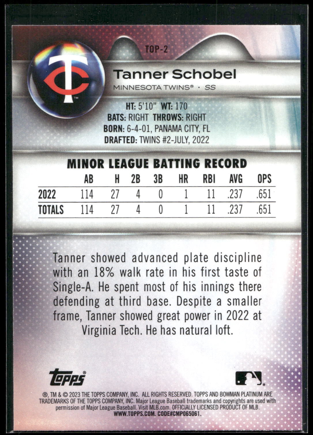 2023 Bowman Platinum #TOP-2 Tanner Schobel Top Prospects