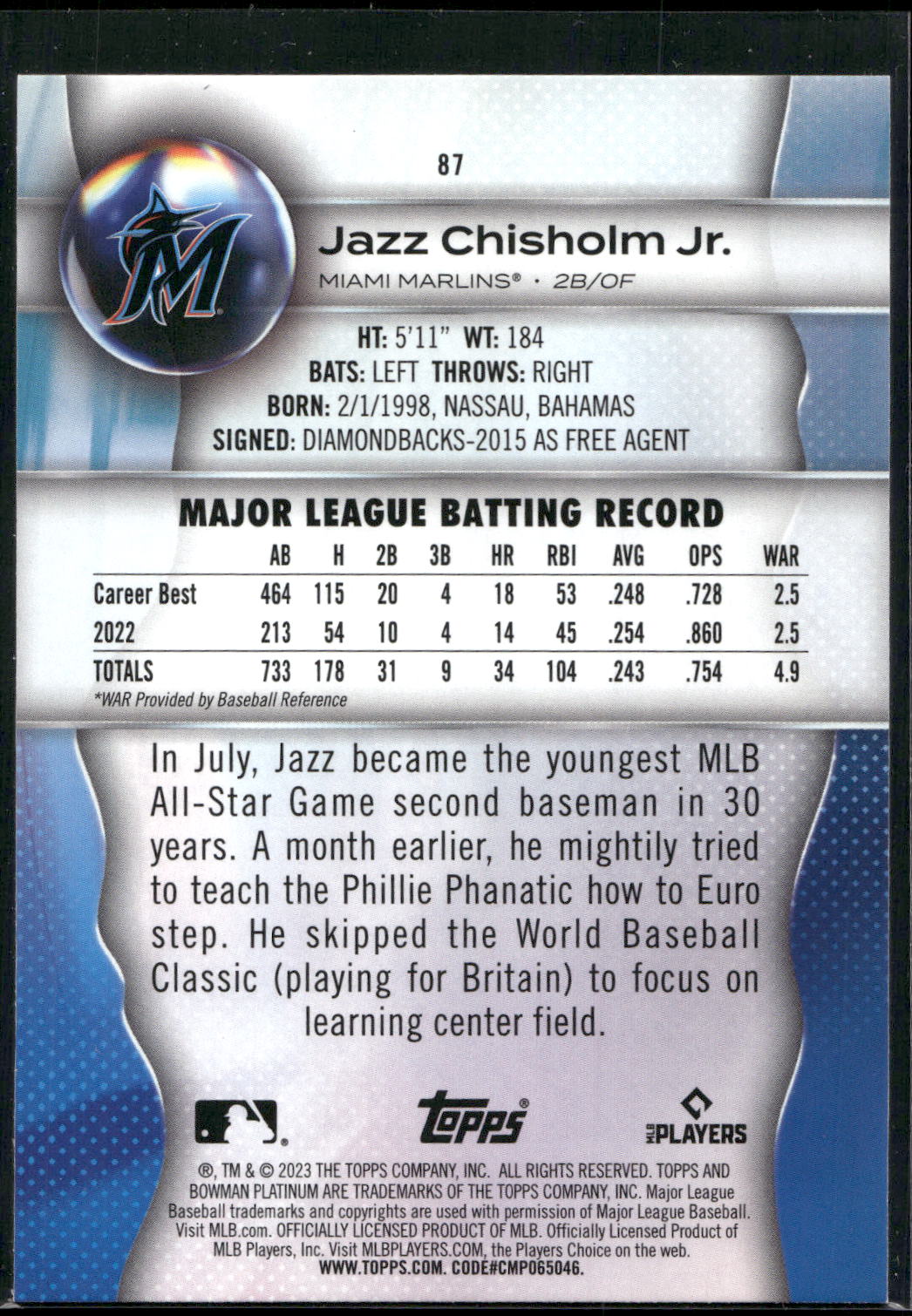 2023 Bowman Platinum #87 Jazz Chisholm Jr.