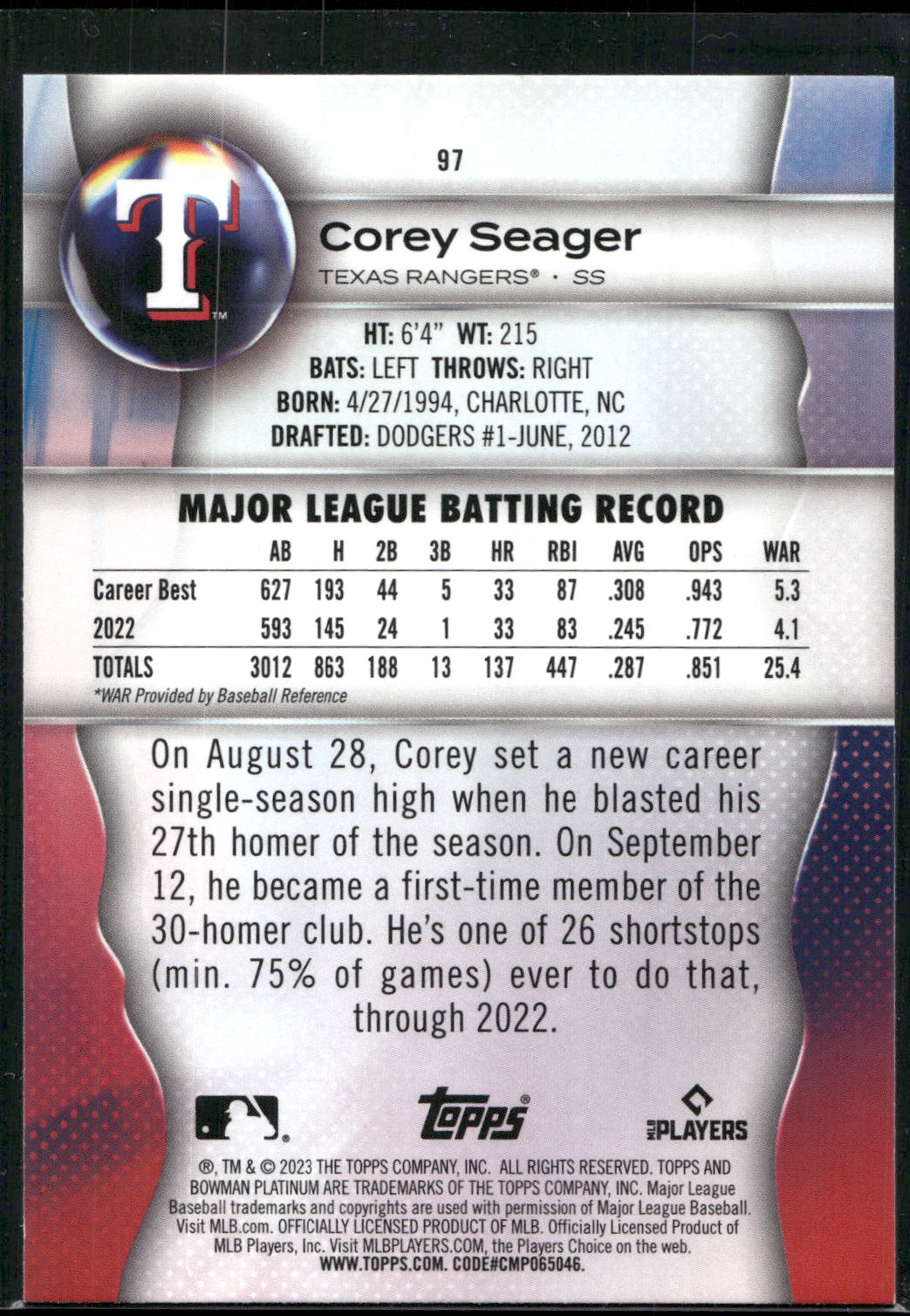 2023 Bowman Platinum #97 Corey Seager