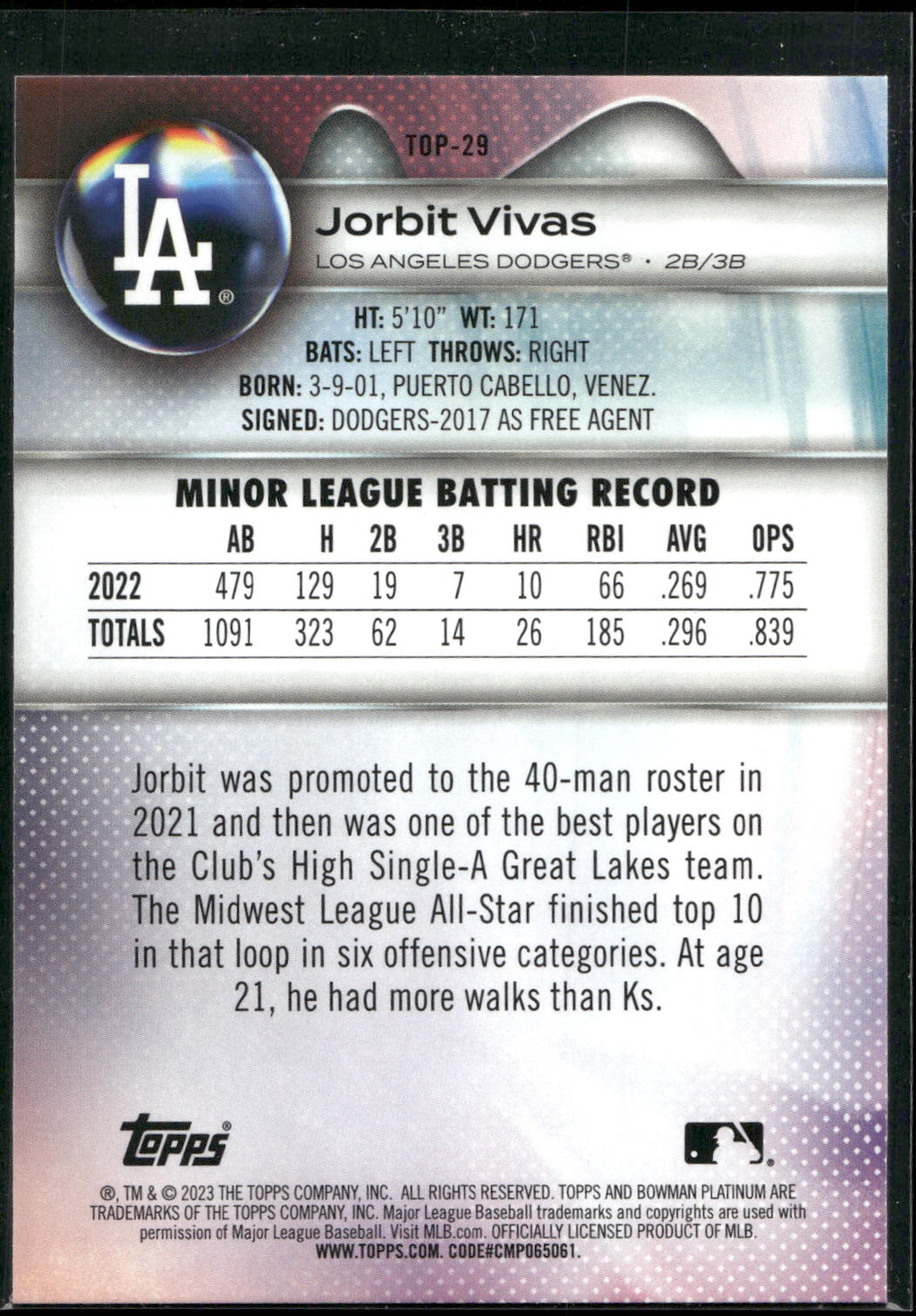 2023 Bowman Platinum #TOP-29 Jorbit Vivas Top Prospects
