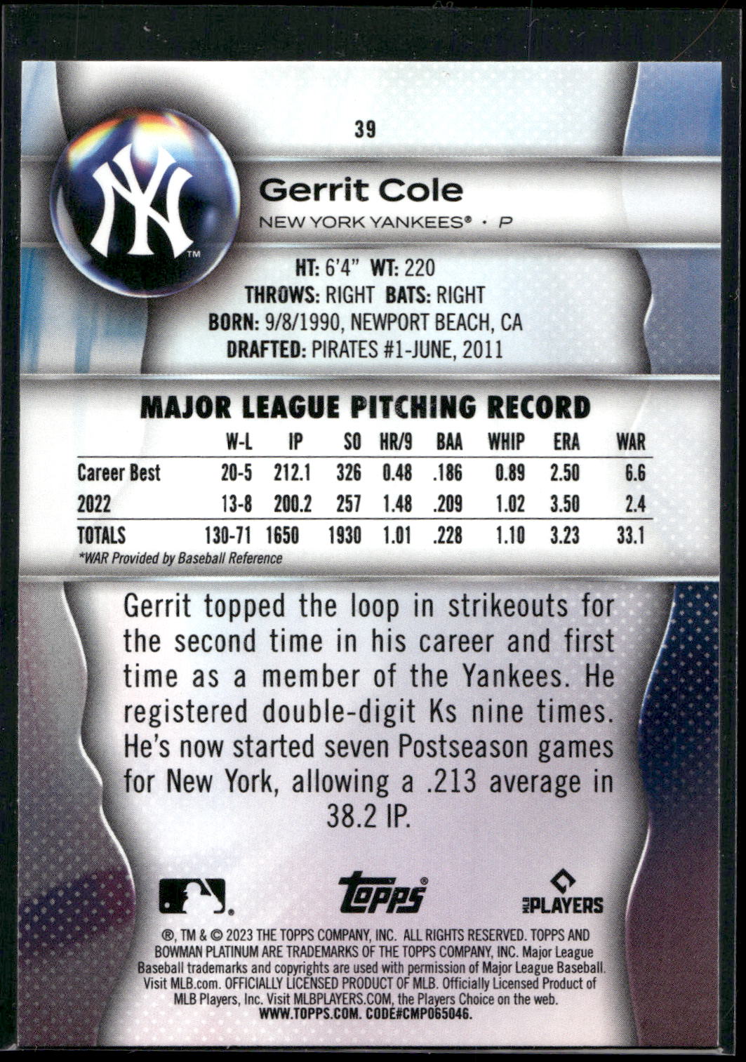 2023 Bowman Platinum #39 Gerrit Cole
