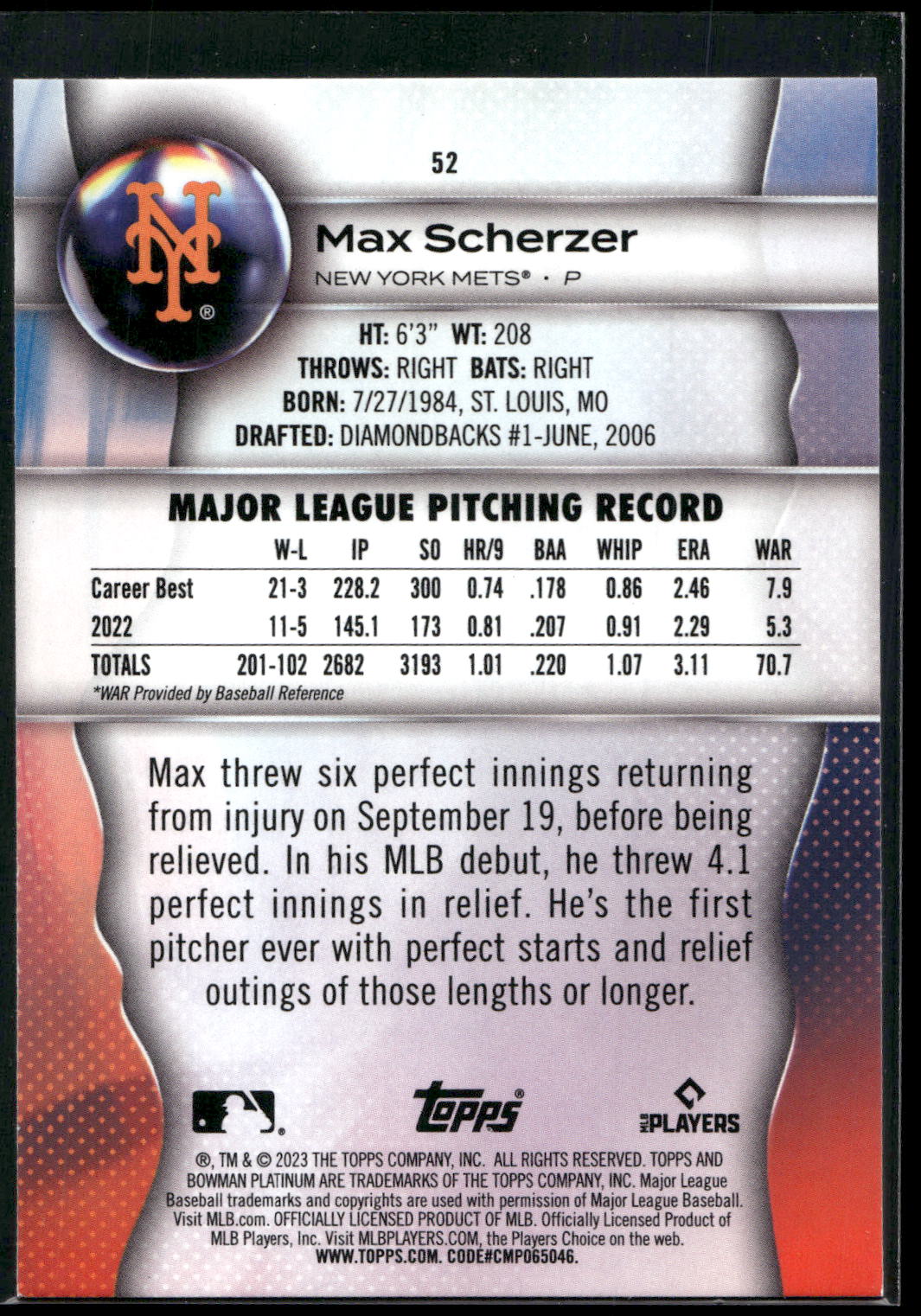 2023 Bowman Platinum #52 Max Scherzer