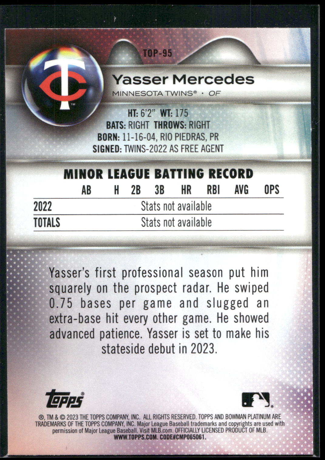 2023 Bowman Platinum #TOP-95 Yasser Mercedes Top Prospects