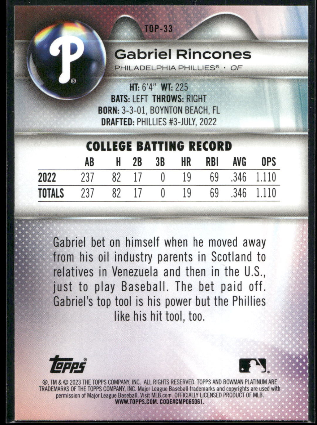 2023 Bowman Platinum #TOP-33 Gabriel Rincones Top Prospects