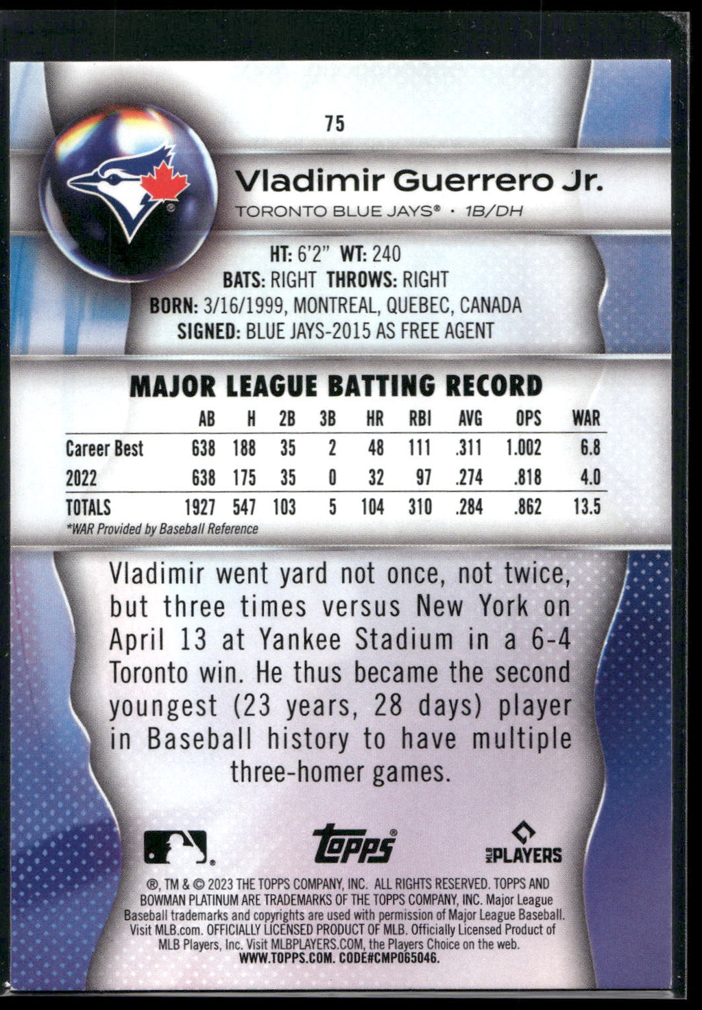 2023 Bowman Platinum #75 Vladimir Guerrero Jr.