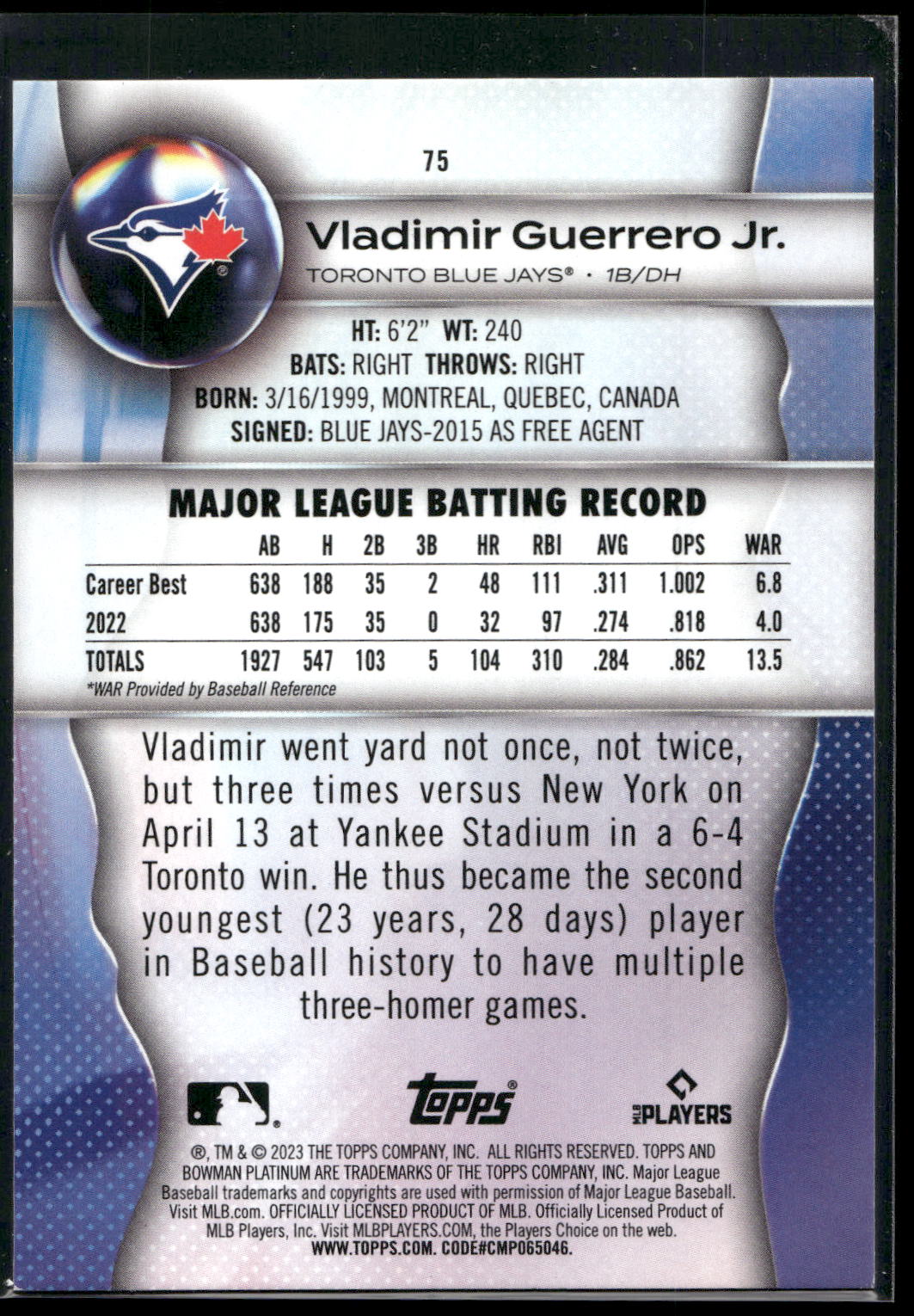 2023 Bowman Platinum #75 Vladimir Guerrero Jr.