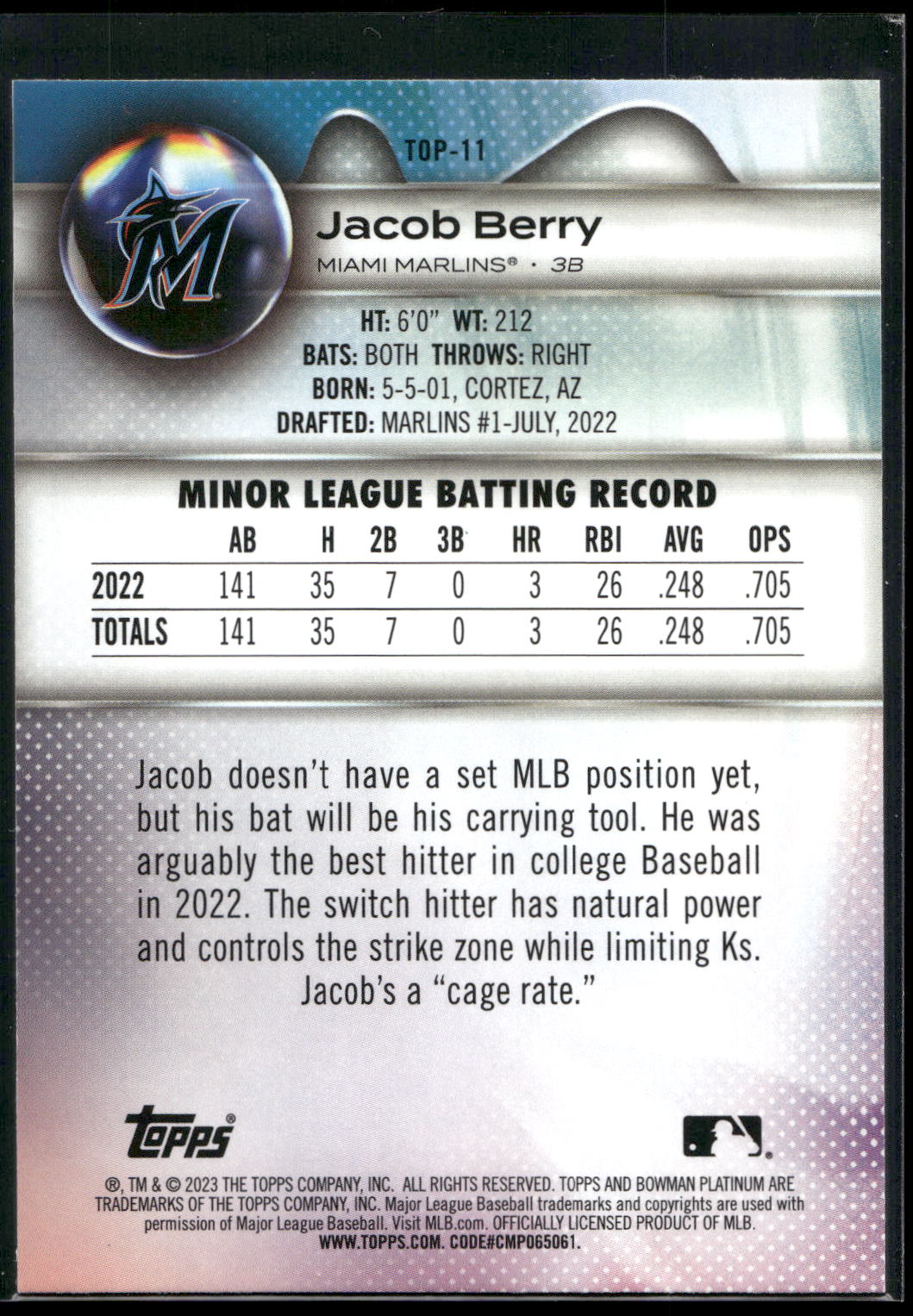 2023 Bowman Platinum #TOP-11 Jacob Berry Top Prospects