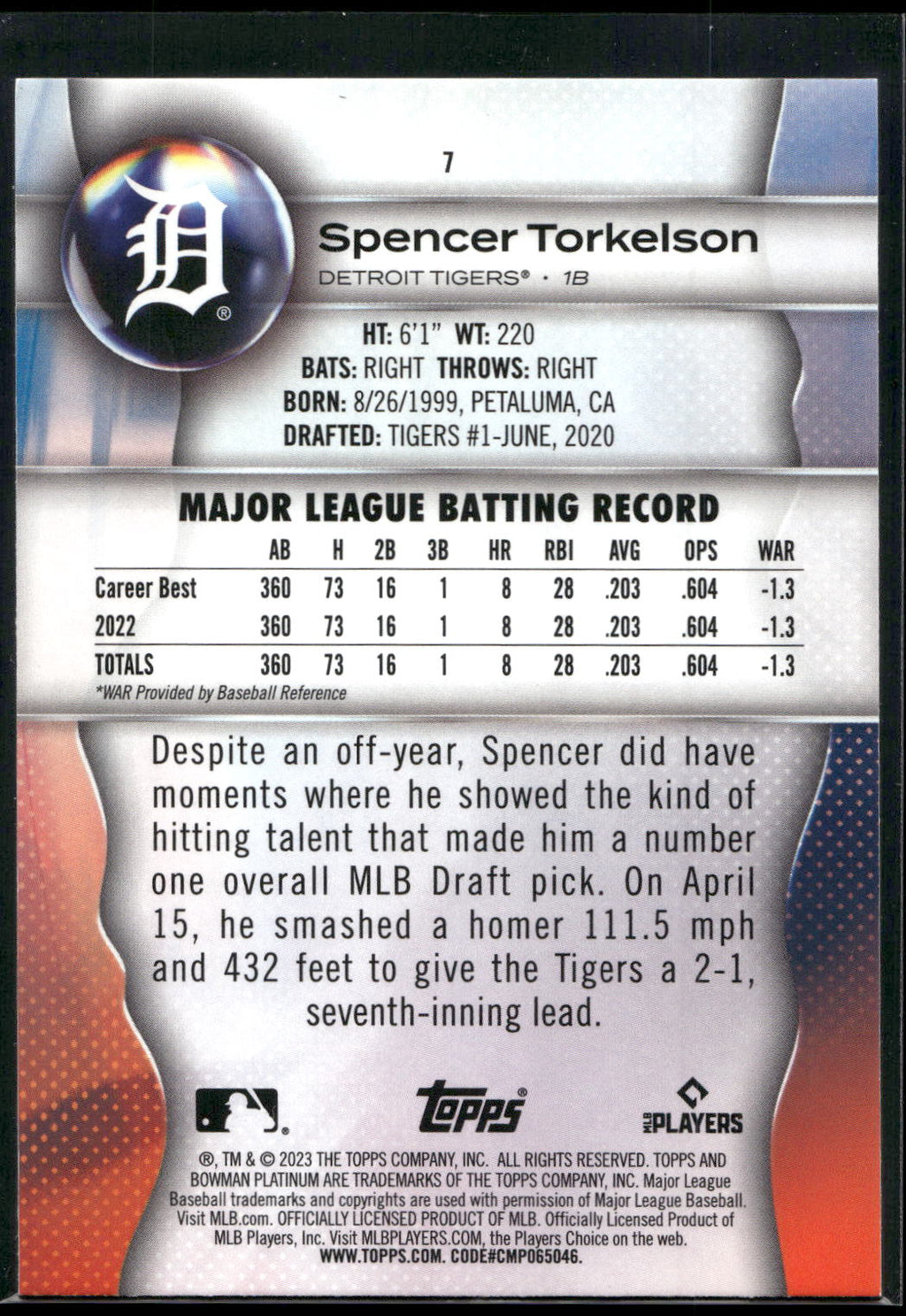 2023 Bowman Platinum #7 Spencer Torkelson