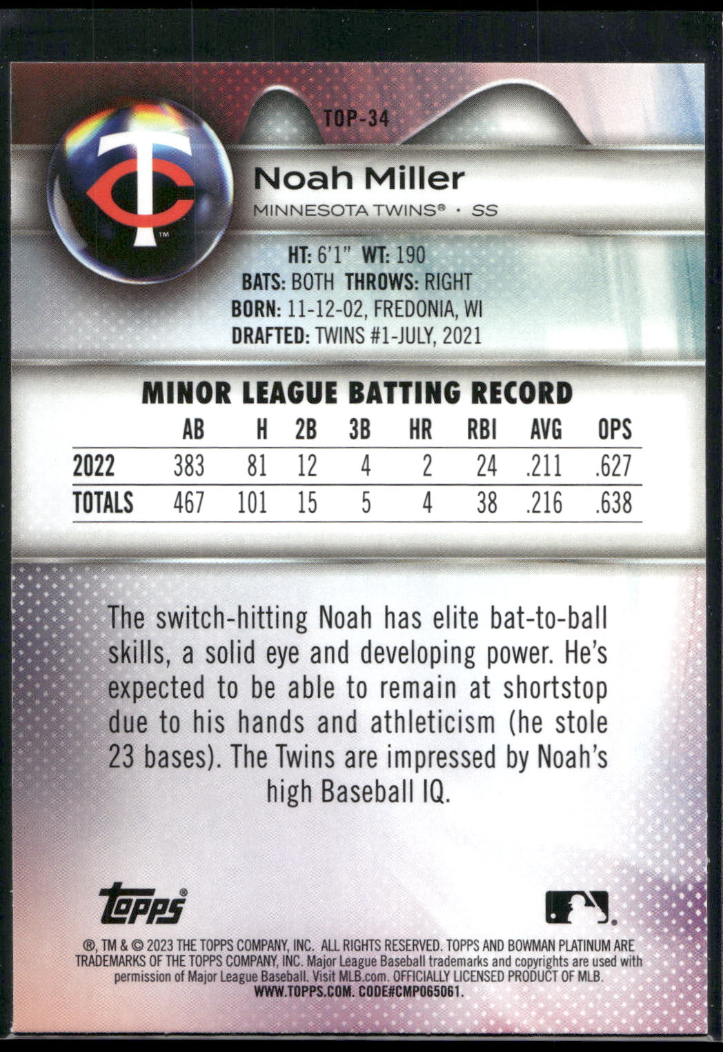 2023 Bowman Platinum #TOP-34 Noah Miller Top Prospects