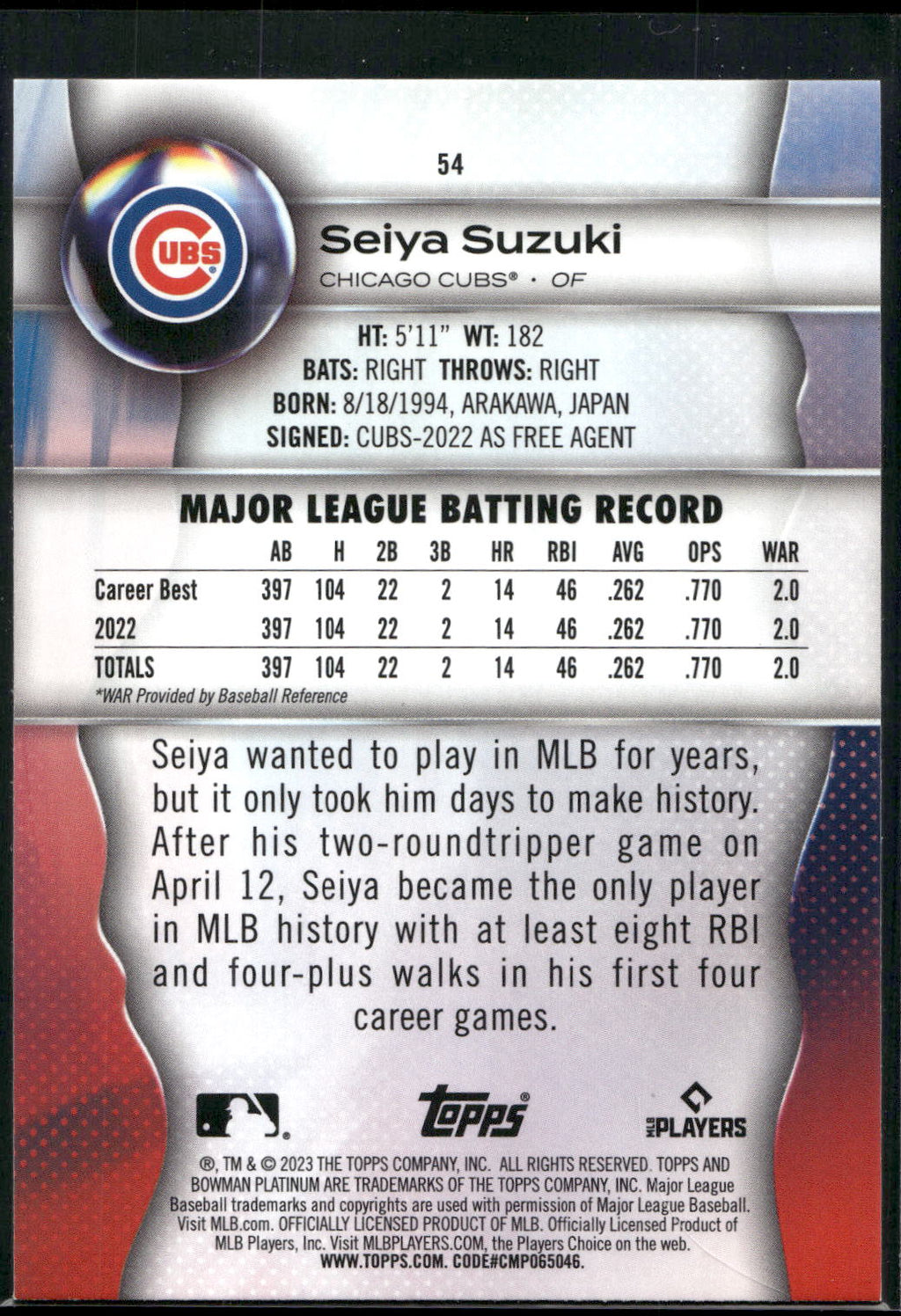 2023 Bowman Platinum #54 Seiya Suzuki