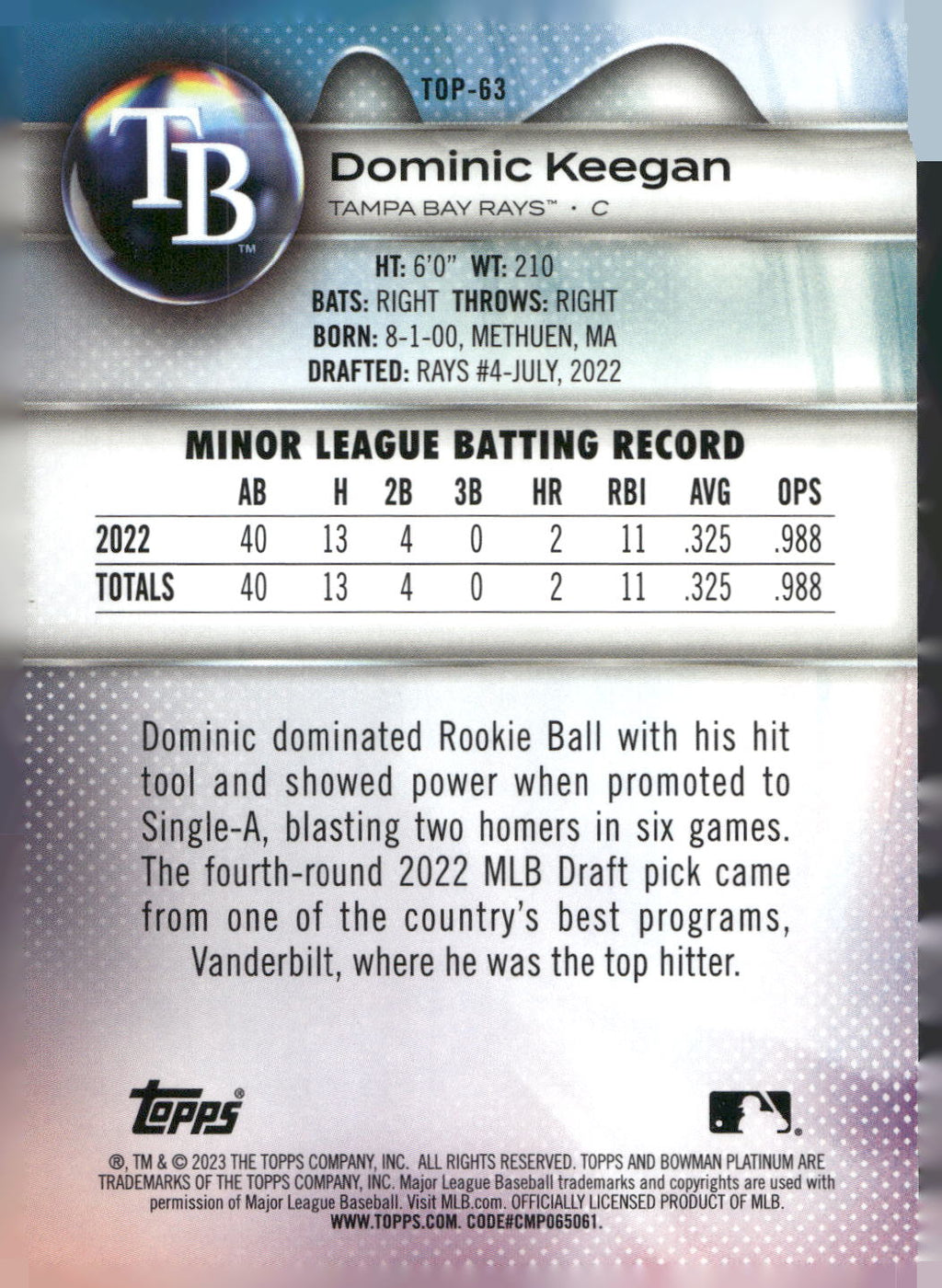 2023 Bowman Platinum #TOP-63 Dominic Keegan Top Prospects