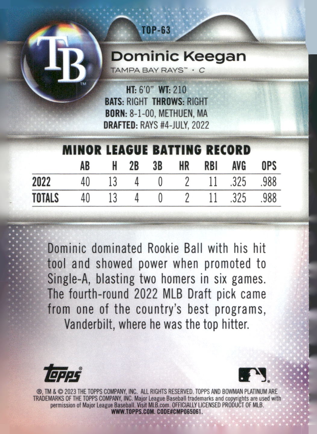 2023 Bowman Platinum #TOP-63 Dominic Keegan Top Prospects