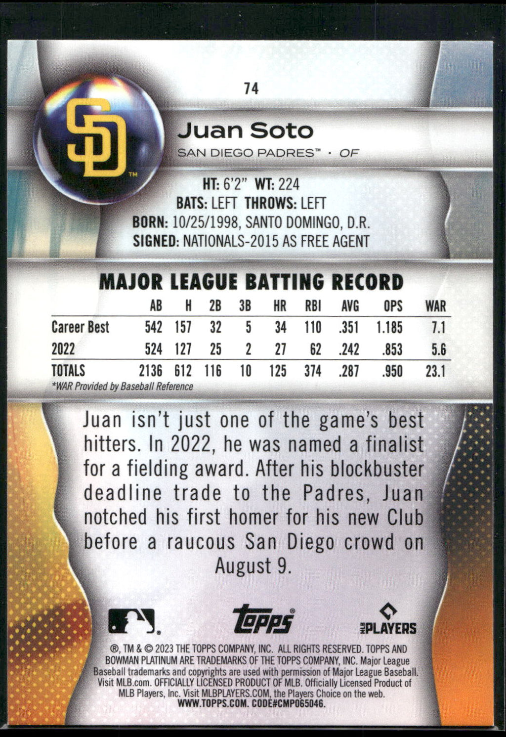 2023 Bowman Platinum #74 Juan Soto