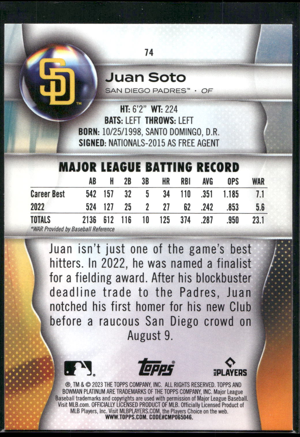 2023 Bowman Platinum #74 Juan Soto