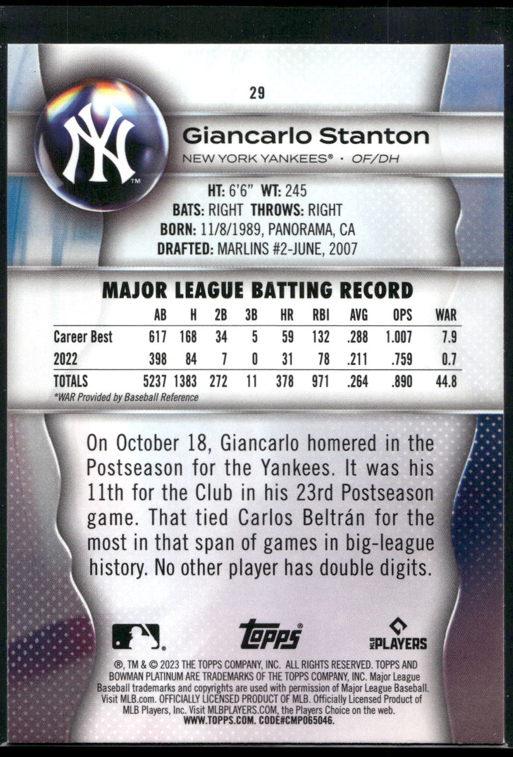 2023 Bowman Platinum #29 Giancarlo Stanton