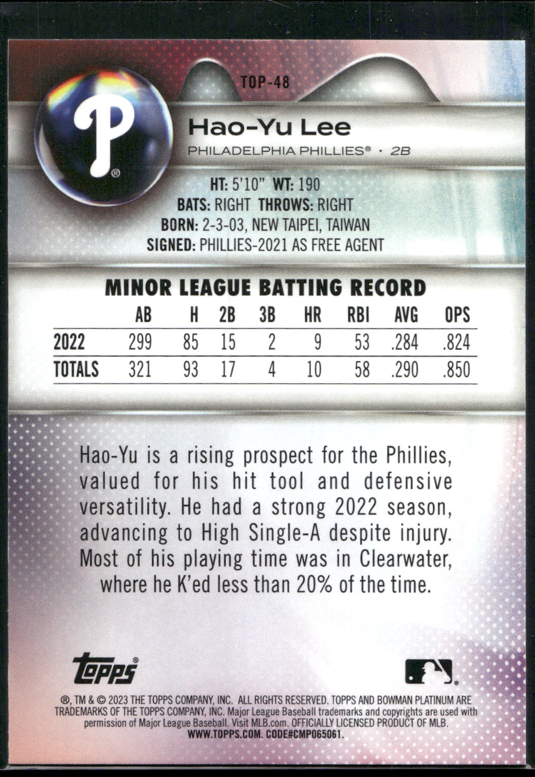 2023 Bowman Platinum #TOP-48 Hao-Yu Lee Top Prospects