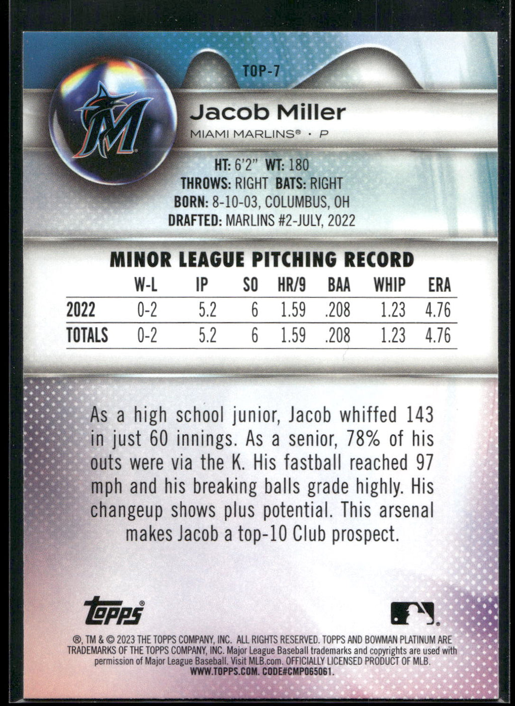 2023 Bowman Platinum #TOP-7 Jacob Miller Top Prospects