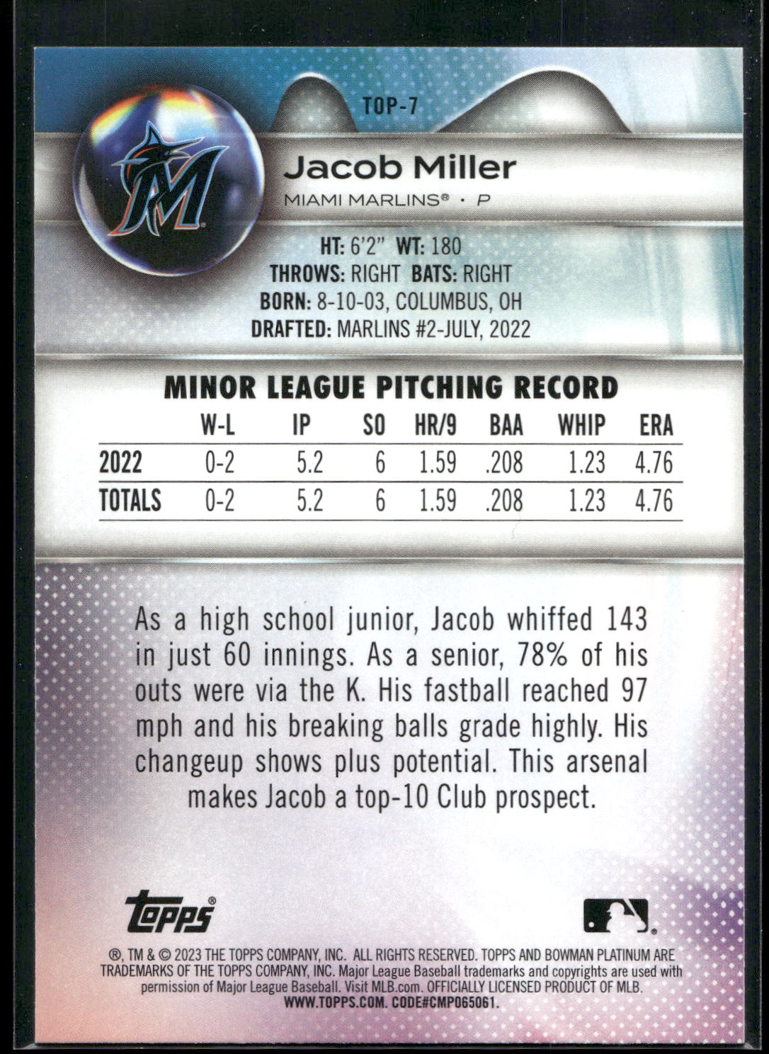 2023 Bowman Platinum #TOP-7 Jacob Miller Top Prospects