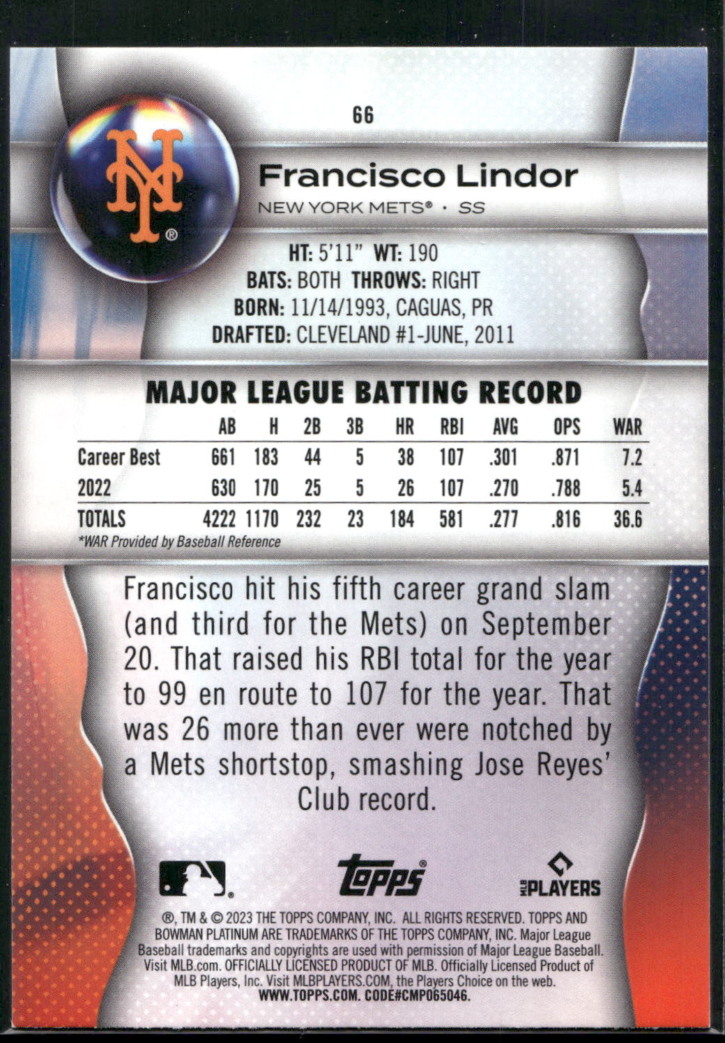 2023 Bowman Platinum #66 Francisco Lindor