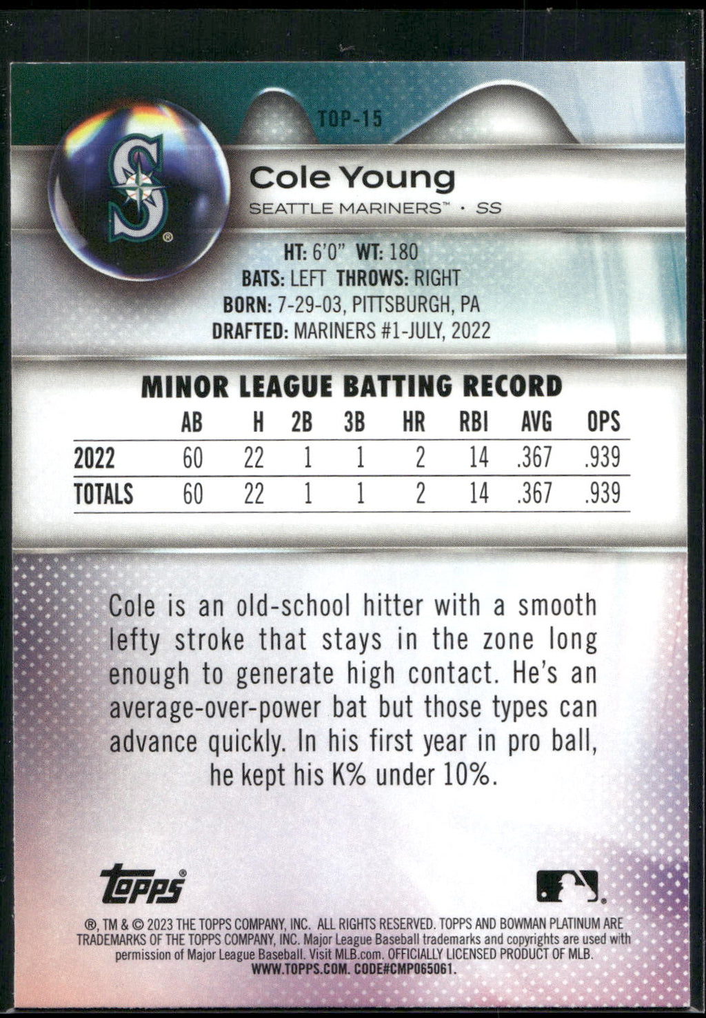 2023 Bowman Platinum #TOP-15 Cole Young Top Prospects