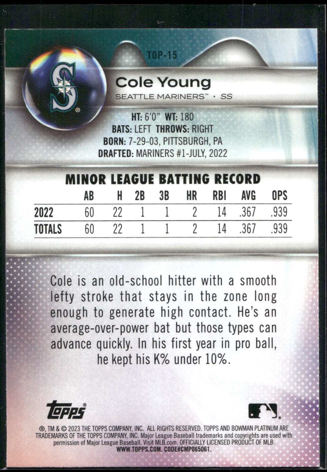 2023 Bowman Platinum #TOP-15 Cole Young Top Prospects