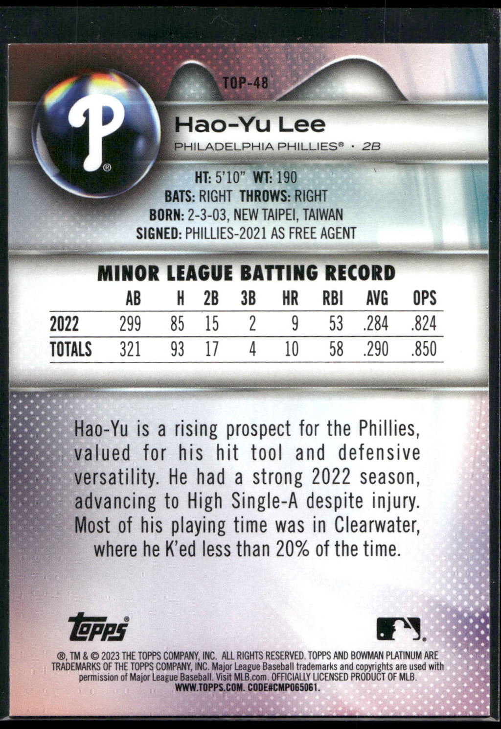 2023 Bowman Platinum #TOP-48 Hao-Yu Lee Top Prospects