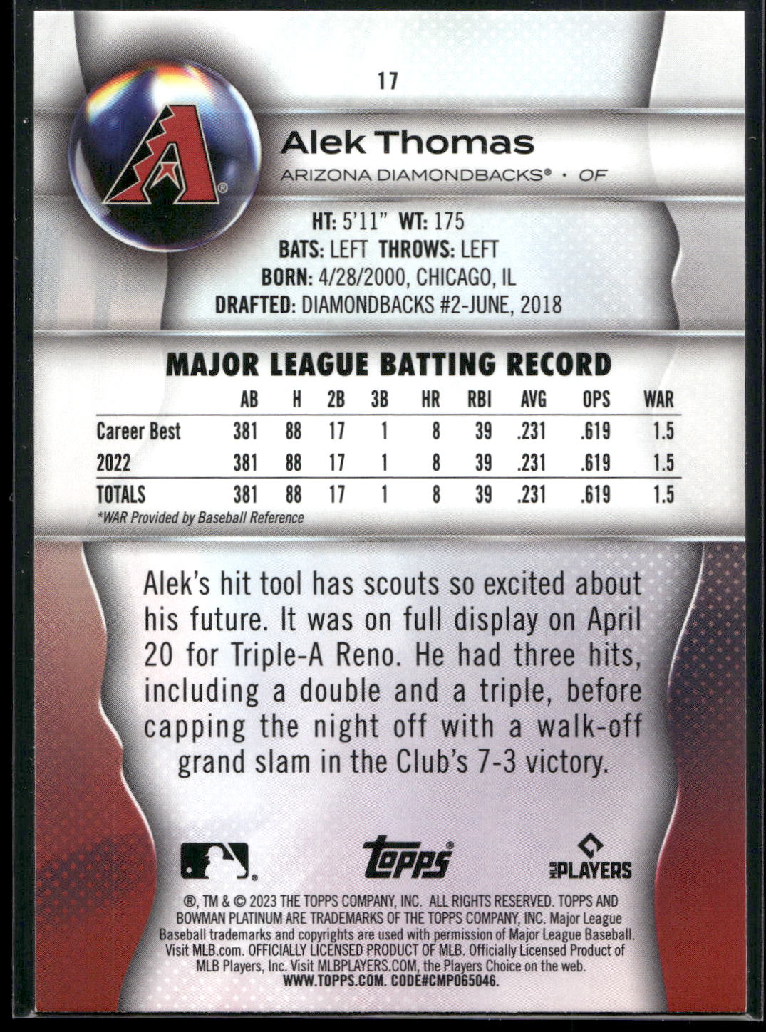 2023 Bowman Platinum #17 Alek Thomas