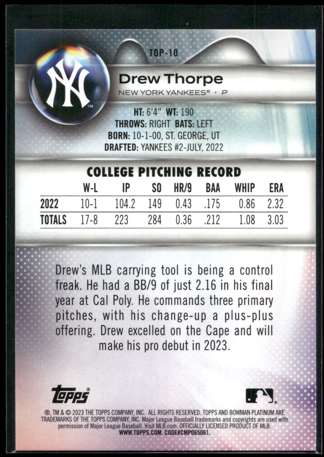 2023 Bowman Platinum #TOP-10 Drew Thorpe Top Prospects