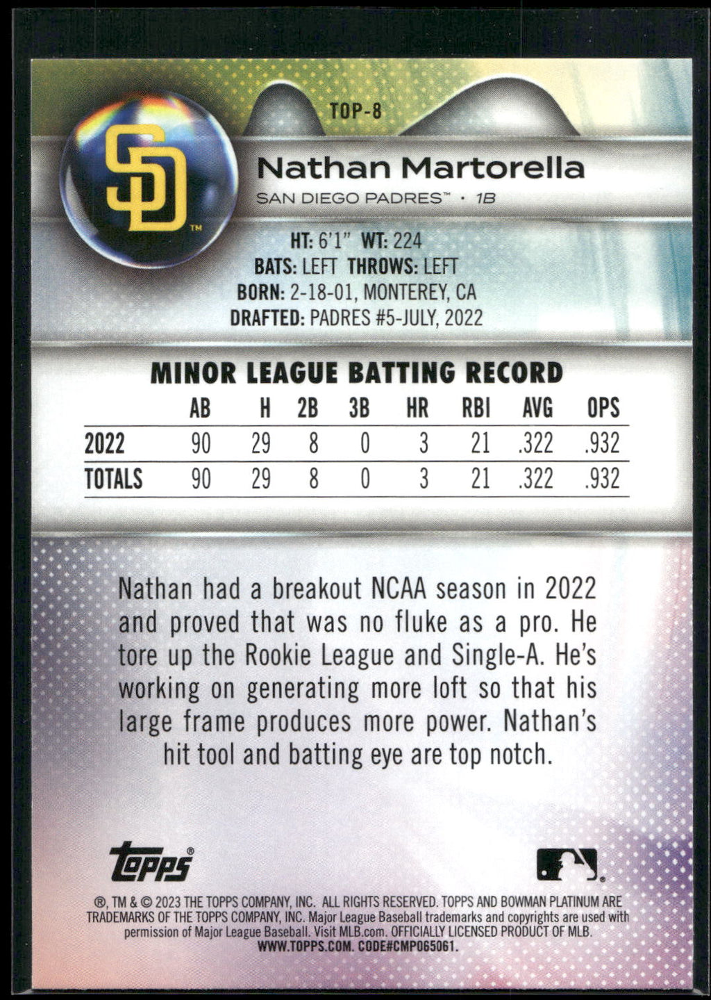 2023 Bowman Platinum #TOP-8 Nathan Martorella Top Prospects