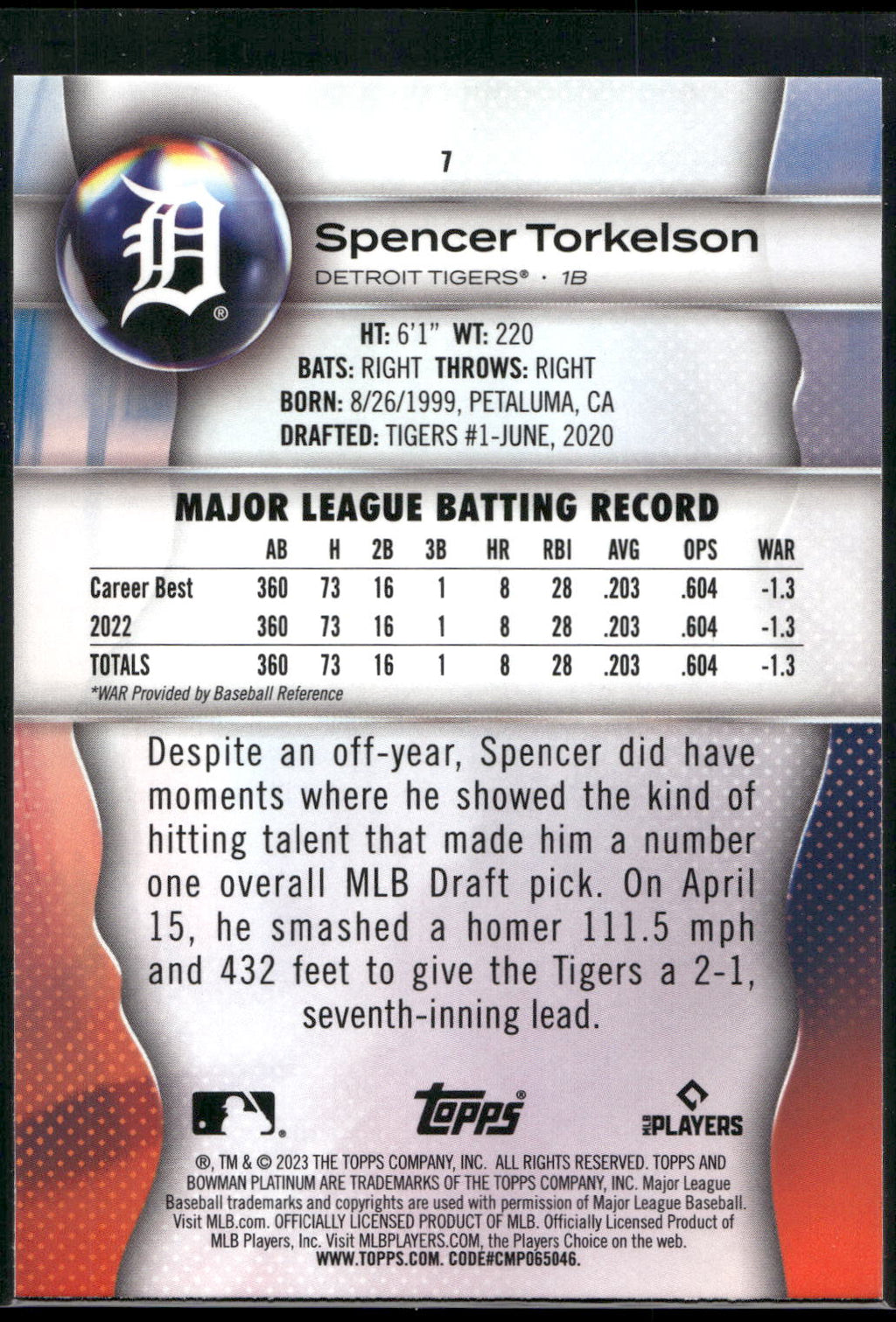 2023 Bowman Platinum #7 Spencer Torkelson