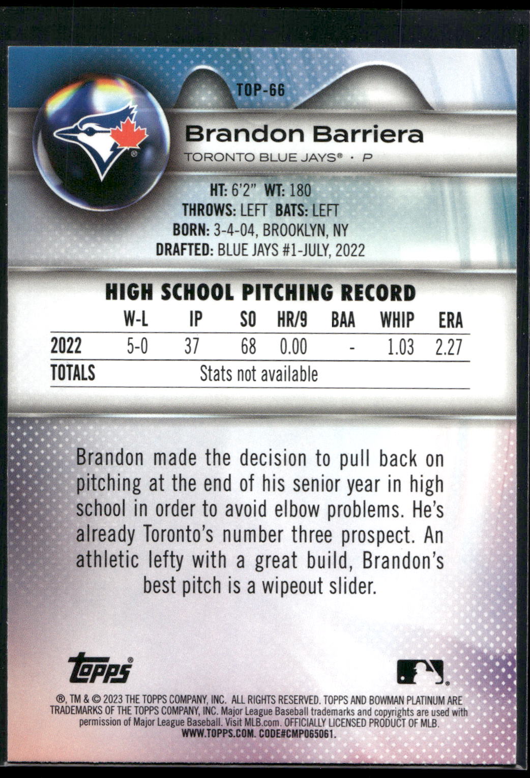 2023 Bowman Platinum #TOP-66 Brandon Barriera Top Prospects